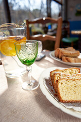 Refreshing snack with lemonade and fresh puddings