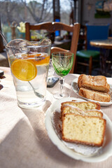 refreshing snack with lemonade and fresh puddings