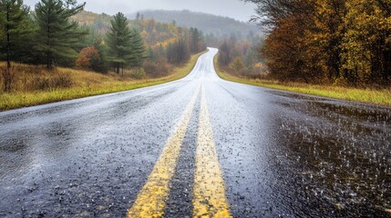 Rainy Road Through Autumn Forest