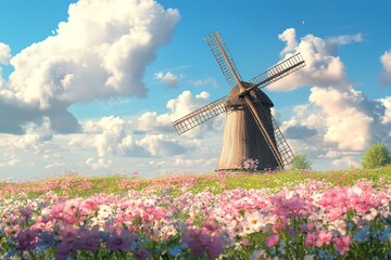 Windmill surrounded by blooming flowers under blue sky.