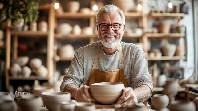 A retiree enjoys hands-on time crafting pottery, holding a bowl while surrounded by other clay creations in a cozy art studio