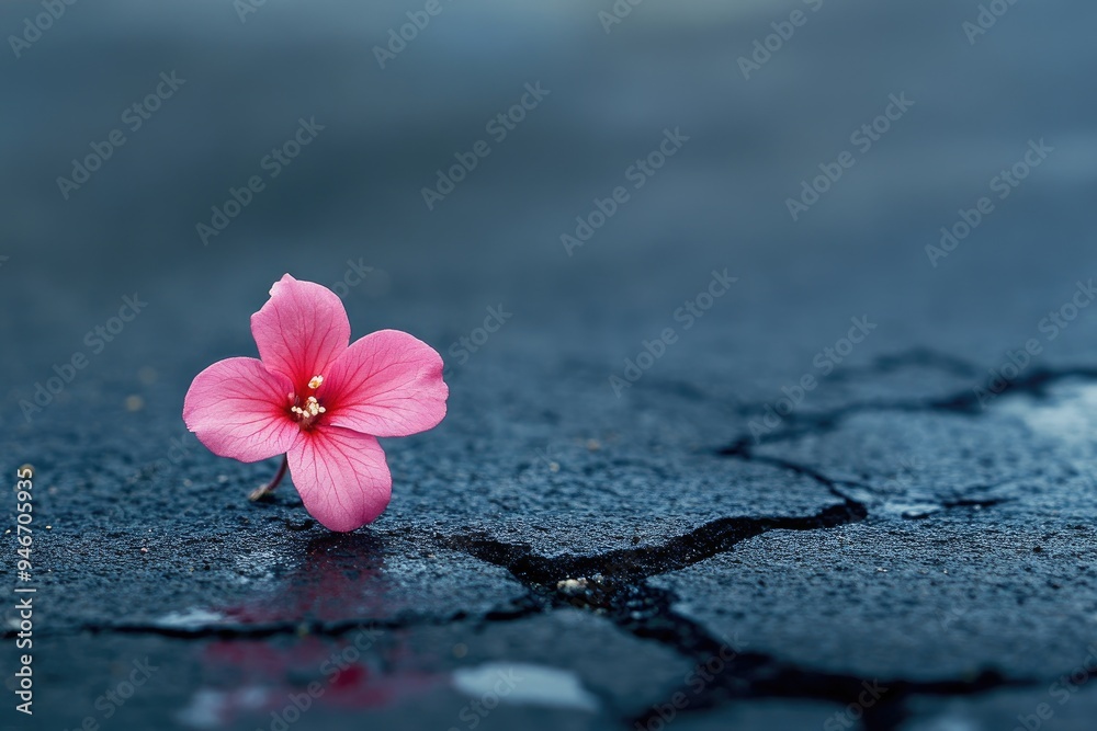 Wall mural Pink flower on cracked ground. This photo symbolizes resilience and hope, perfect for projects about overcoming challenges.