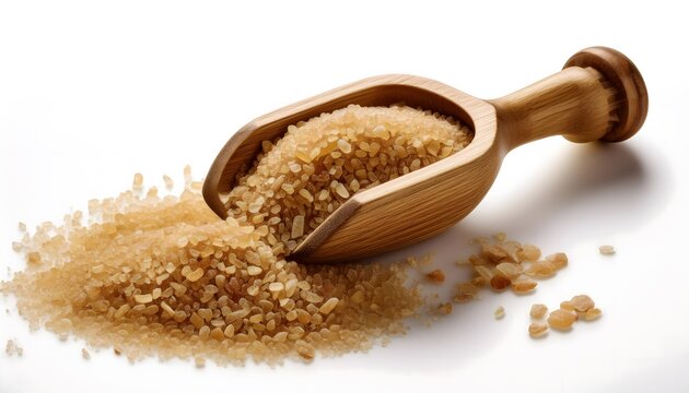 An isolated image of brown shugar in a small wooden scoop