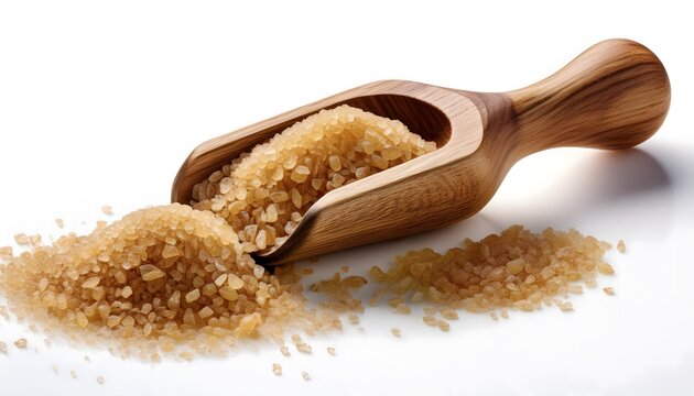 An isolated image of brown shugar in a small wooden scoop