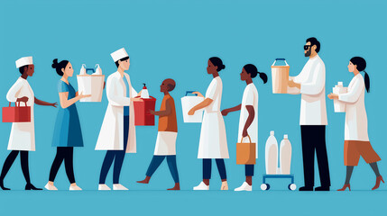 Obraz premium A caring team handing out hygiene kits, illustrating love, responsibility, and care for those in need. Love, Care, Responsibility, Work for All