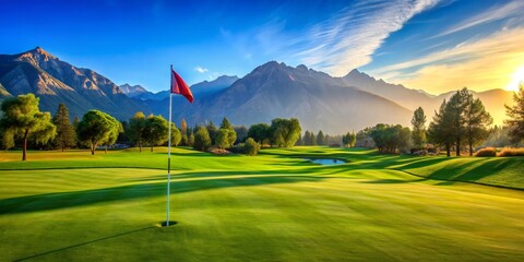 Golden Hour Golf Course with Mountain View, golf course, mountain, sunset