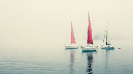 Fototapeta premium A flotilla of sailboats glides through the mist-shrouded seascape amidst the heart of the ocean