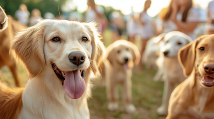 A lively adoption fair, where volunteers and animals interact, highlighting love, care, and philanthropy. Love, Philanthropy, Responsibility, Care