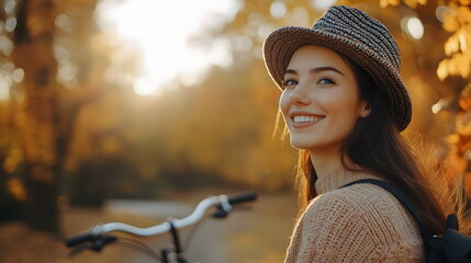 Cheerful Young Woman Biking Through Autumn Forest Smiling Hat Sweater Nature Outdoors Sunshine