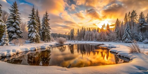 Golden Hour Reflection in a Snowy Forest, winter , landscape, sunset
