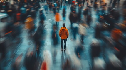A person standing in a crowded urban environment, with blurred figures rushing by, creating a feeling of isolation and anxiety amidst chaos