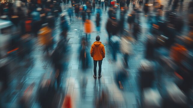 A person standing in a crowded urban environment, with blurred figures rushing by, creating a feeling of isolation and anxiety amidst chaos