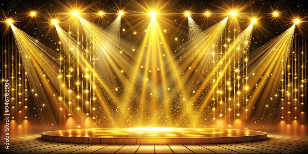 Wall mural golden stage with spotlight and glitter, stage design, award ceremony, lighting effect