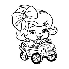 A cute girl riding on a wagon Coloring page for kids, a cartoon style and kawaii art on white background