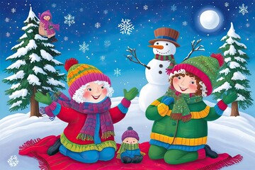 Vibrant Winter Mural Illustration: A Cheerful and Whimsical Art Rendering
