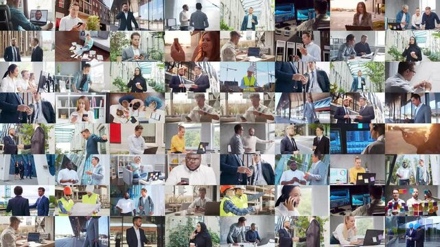Multi screen business collage made of many different footages with business people working in office or outdoor. Technology, investment, money and teamwork concept.