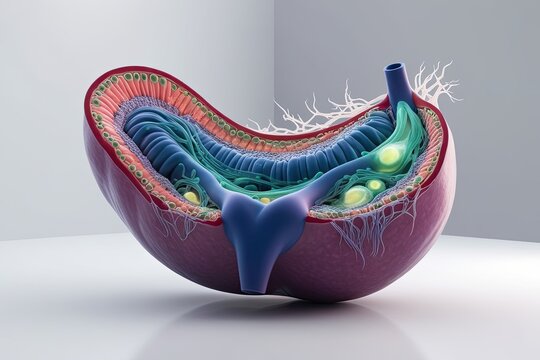 Stunning 3D Visualization of Stomach Anatomy Featuring Epithelial Cells Mucous Membranes and Digestive Enzymes in Vibrant Colors