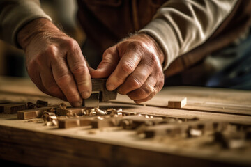 Craftsman meticulously shaping wood in a cozy workshop during golden hour, revealing artistry in every detail. Generative AI