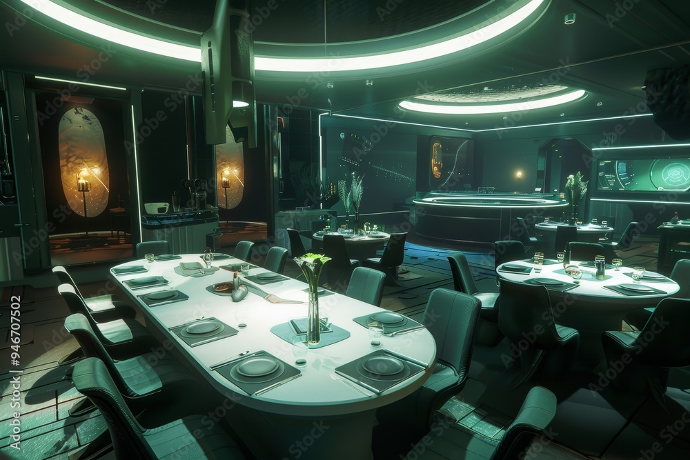 Aufkleber a space-age dining room with interactive table settings and digital servers