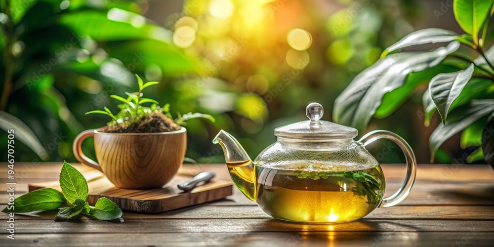 Wall mural A Pot of Freshly Brewed Green Tea on a Wooden Table, tea , glass pot , green leaves , herbal tea