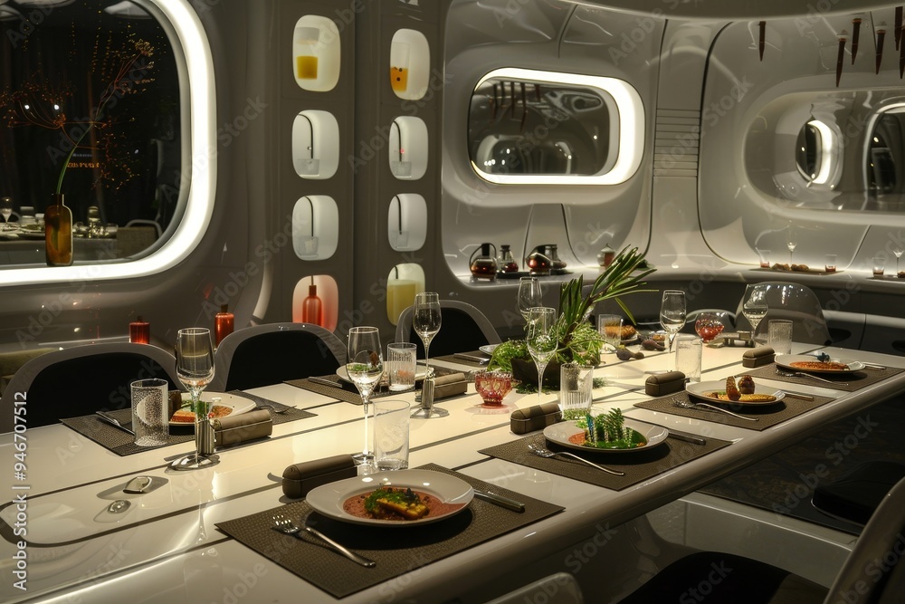 Aufkleber a space-age dining room with interactive table settings and digital servers