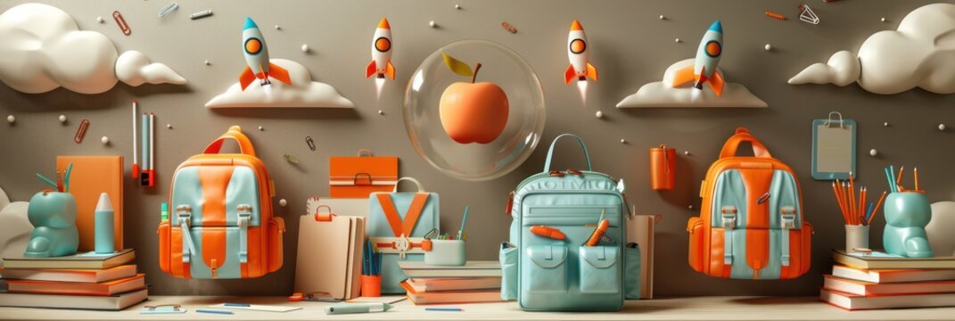 Light bronze wall featuring floating backpacks, school supplies, and orange rockets orbiting an apple on books in a cosmic setting