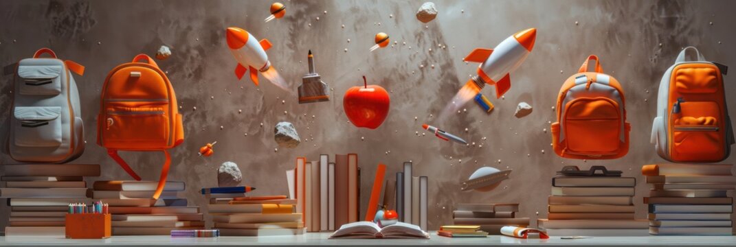 Light bronze wall featuring floating backpacks, school supplies, and orange rockets orbiting an apple on books in a cosmic setting - Powered by Adobe