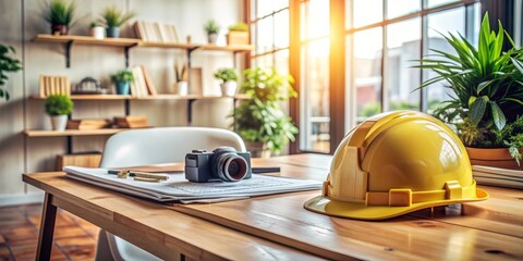 Hard Hat on a Desk with Camera and Drawings, Interior Design, Construction, Architecture, Office