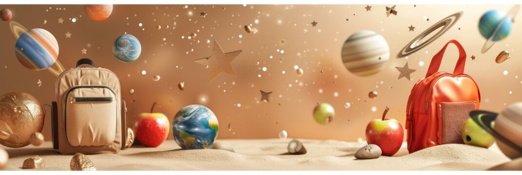Light copper backdrop, school scene with a cosmic twist, showcasing planets, stars, an apple, and a backpack