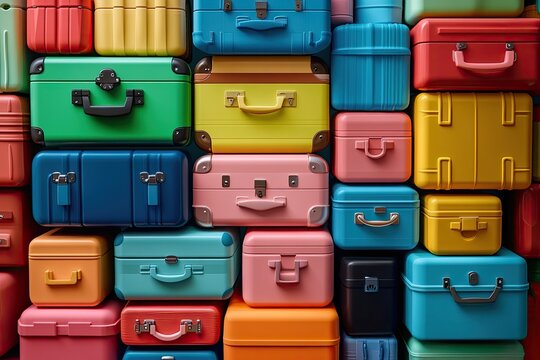Colorful suitcases stacked high. Use this photo for travel-related articles, blog posts, or social media.