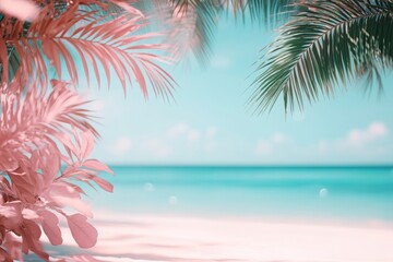 Palm leaves frame a beach scene. Perfect for travel, summer, and tropical themed projects.