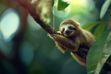 Fototapeta premium A tiny sloth hanging from a tree branch