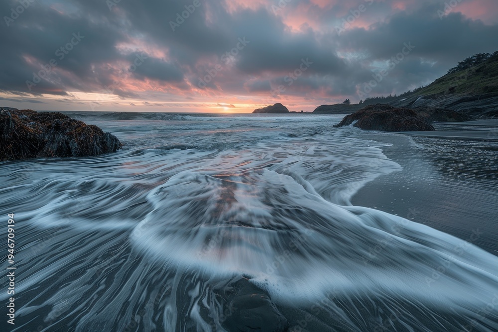 Poster a tranquil beach at sunset with soft waves crashing on the shore
