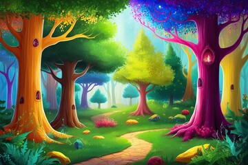 Enchanting Cartoon Artwork of a Magical Forest with Vibrant Trees and Fantasy Foliage