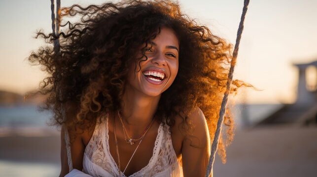 A woman with curly hair is swinging on a swing, smiling and enjoying the sun. A happy and carefree vacation. The action takes place on a beach with palm trees in the background. Illustration. - Powered by Adobe