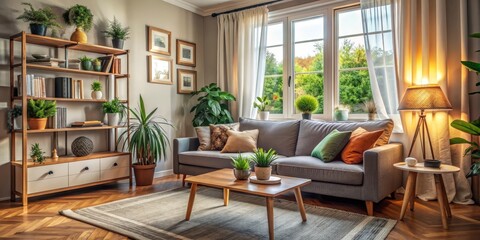 Living Room with Grey Sofa, Wooden Shelf and Natural Light, Interior Design, Modern Home, Cozy Atmosphere, Living Room Decor, Home Design
