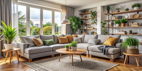 Living Room with Grey Sofa, Wooden Shelves, and Plants, interior design, living room, home decor, home design