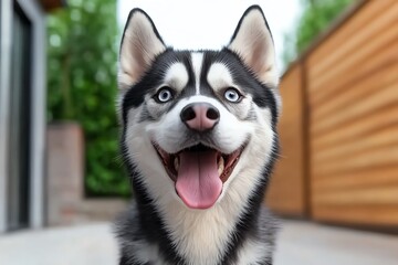Obraz premium Funny Siberian Husky sticking its tongue out, captured in a close-up photo where the dog is making a silly, carefree face
