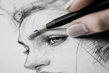 Close-up of hand drawing woman's eye with pencil