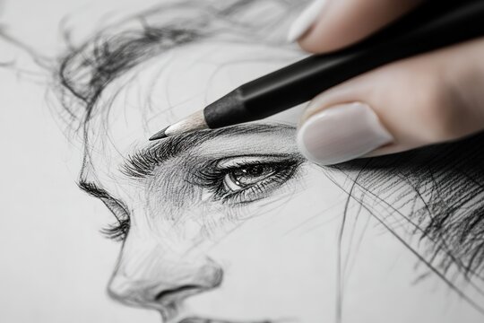 Close-up of hand drawing woman's eye with pencil