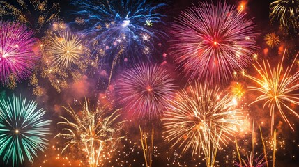 Naklejka premium Colorful fireworks bursting in the night sky creating a vibrant and festive atmosphere