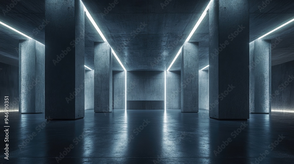 Poster dark abstract concrete room with smooth surfaces architectural background featuring illuminated elem