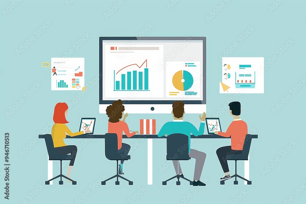 Poster a visualization of a team discussing data and charts on a shared online platform