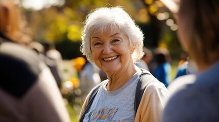 A retired Caucasian woman enjoys her time volunteering at a community garden, surrounded by cheerful volunteers