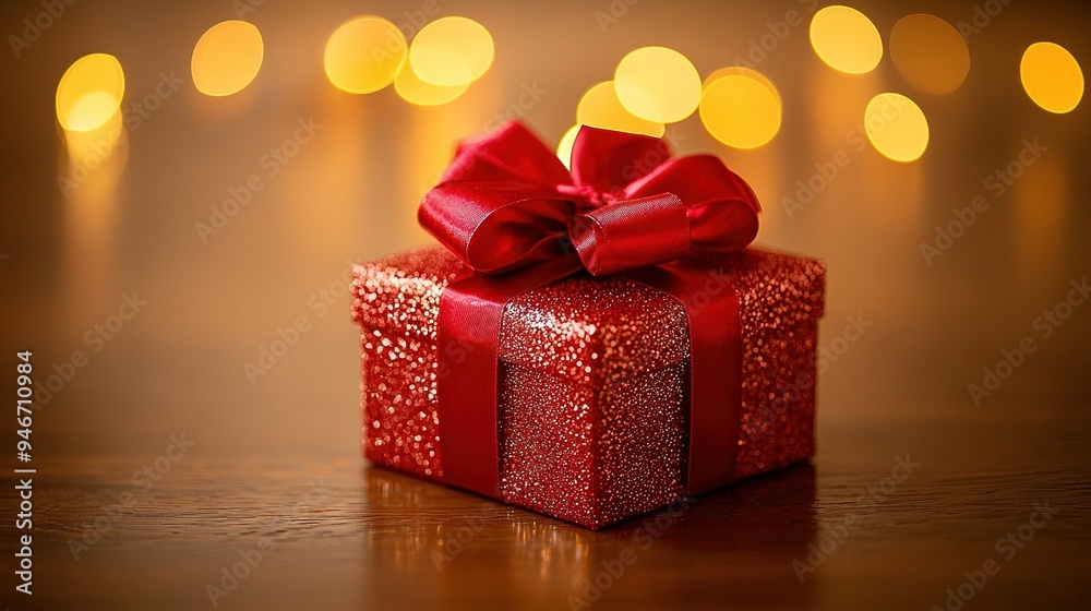 Poster   Red gift box on wooden table with lit background