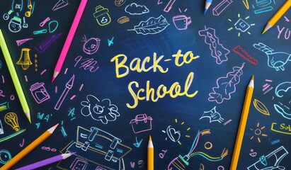 Midnight blue blackboard, Back-to-school surrounded by vibrant chalk and pencil doodles in a flat lay design