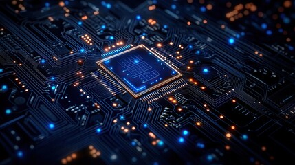 Close-up of a circuit board. Perfect for tech and innovation concepts, representing the complex inner workings of technology.