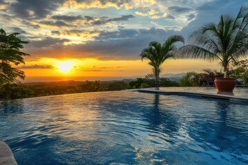 A pool with a sunset in the background, generative ai image