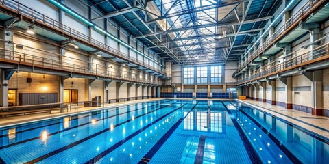 Fototapeta premium Indoor Swimming Pool with Skylight and Balconies, swimming pool, indoor, architecture, industrial
