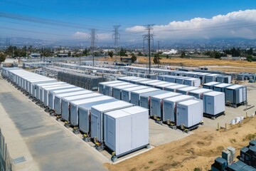 Fototapeta premium Rows of large white containers. This photo shows a large-scale battery storage facility, highlighting modern energy solutions.